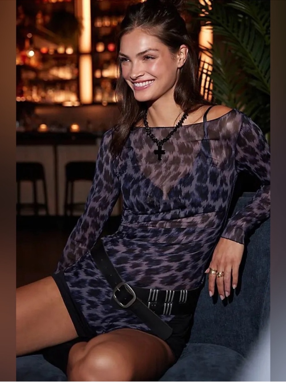 Free People Grey Leopard-Print Sheer Camisole Top